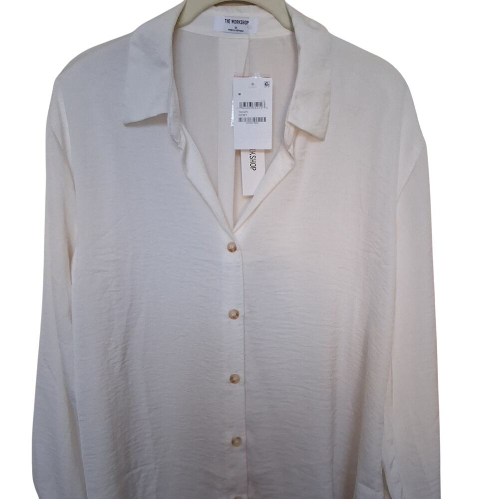 The Workshop NWT Ivory Semi-Sheer Button-Front Long-Sleeve Blouse Women's Size M